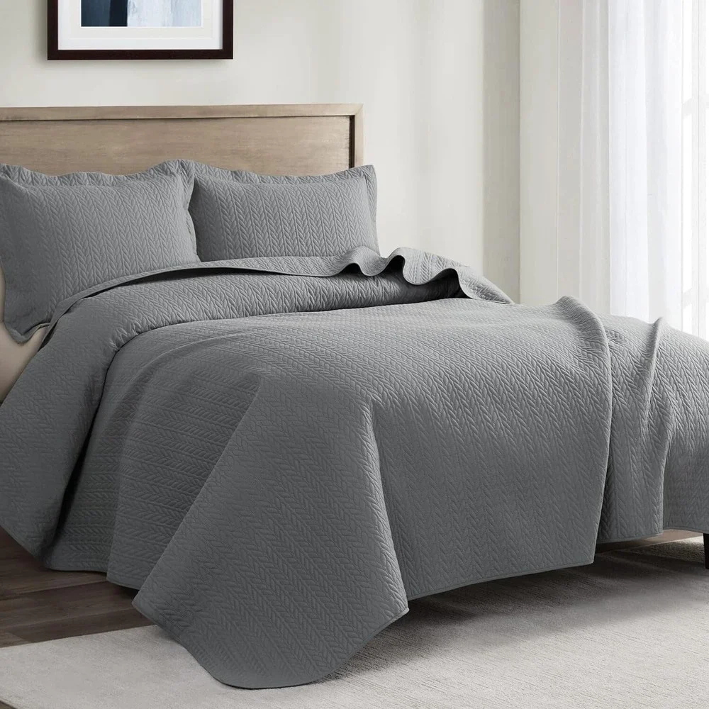 3 Piece Quilt Set, Coverlet Set, Pinsonic Quilted. Queen‎ Size 90x96 inches GREY